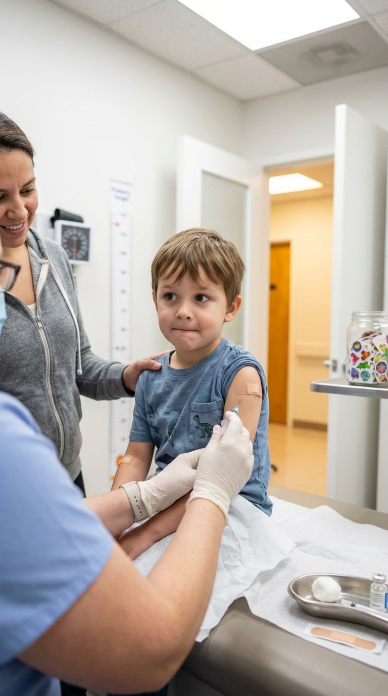 Child receiving an immunization with parent by their side