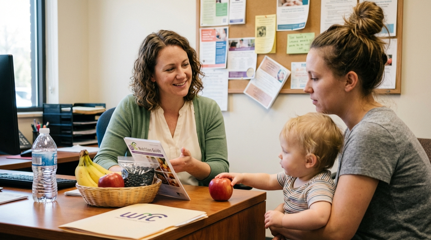 WIC counselor discussing nutrition with a mother and toddler